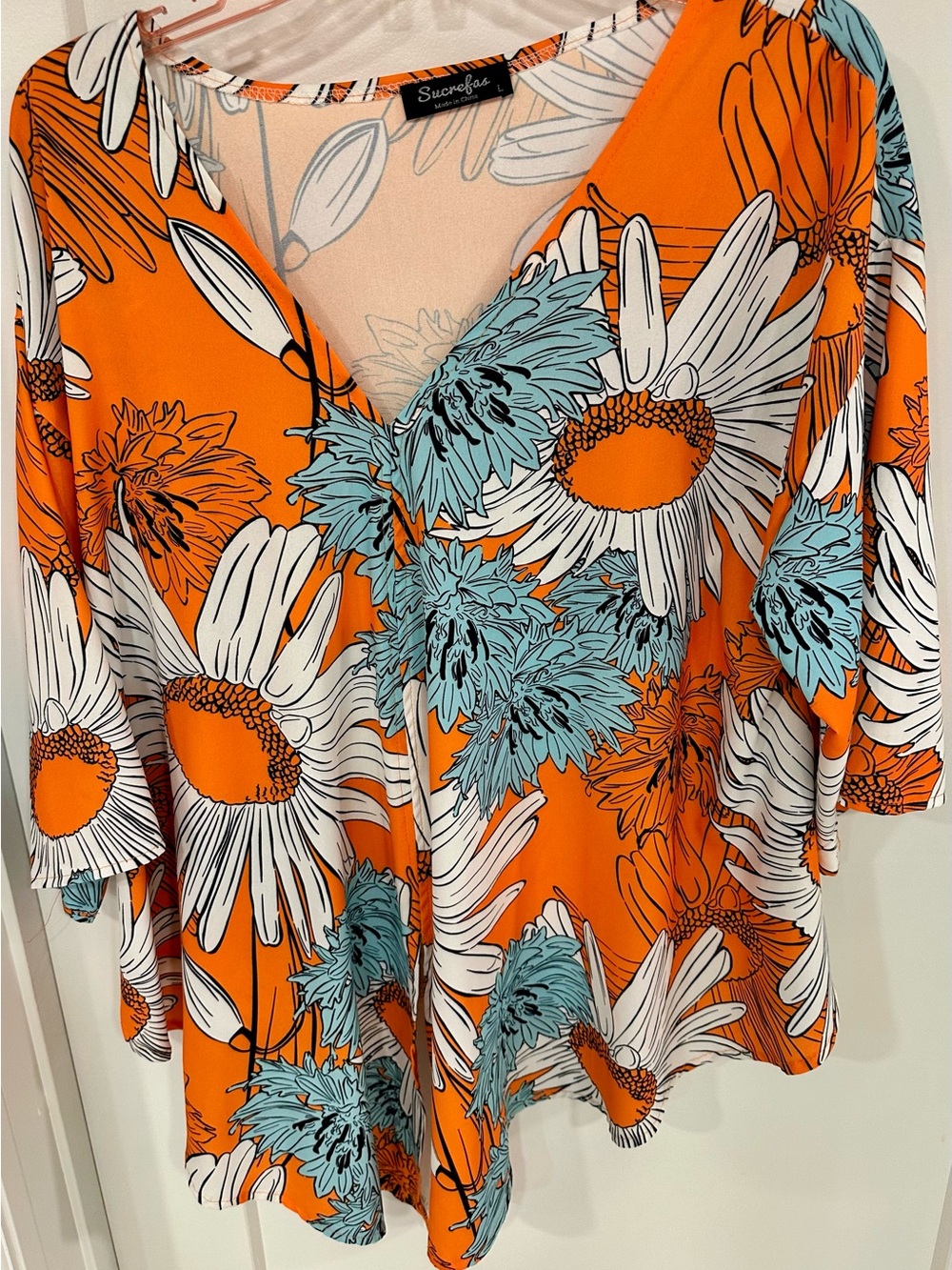 Susan Graver Bright Orange Floral V-Neck Tunic with Teal Accents